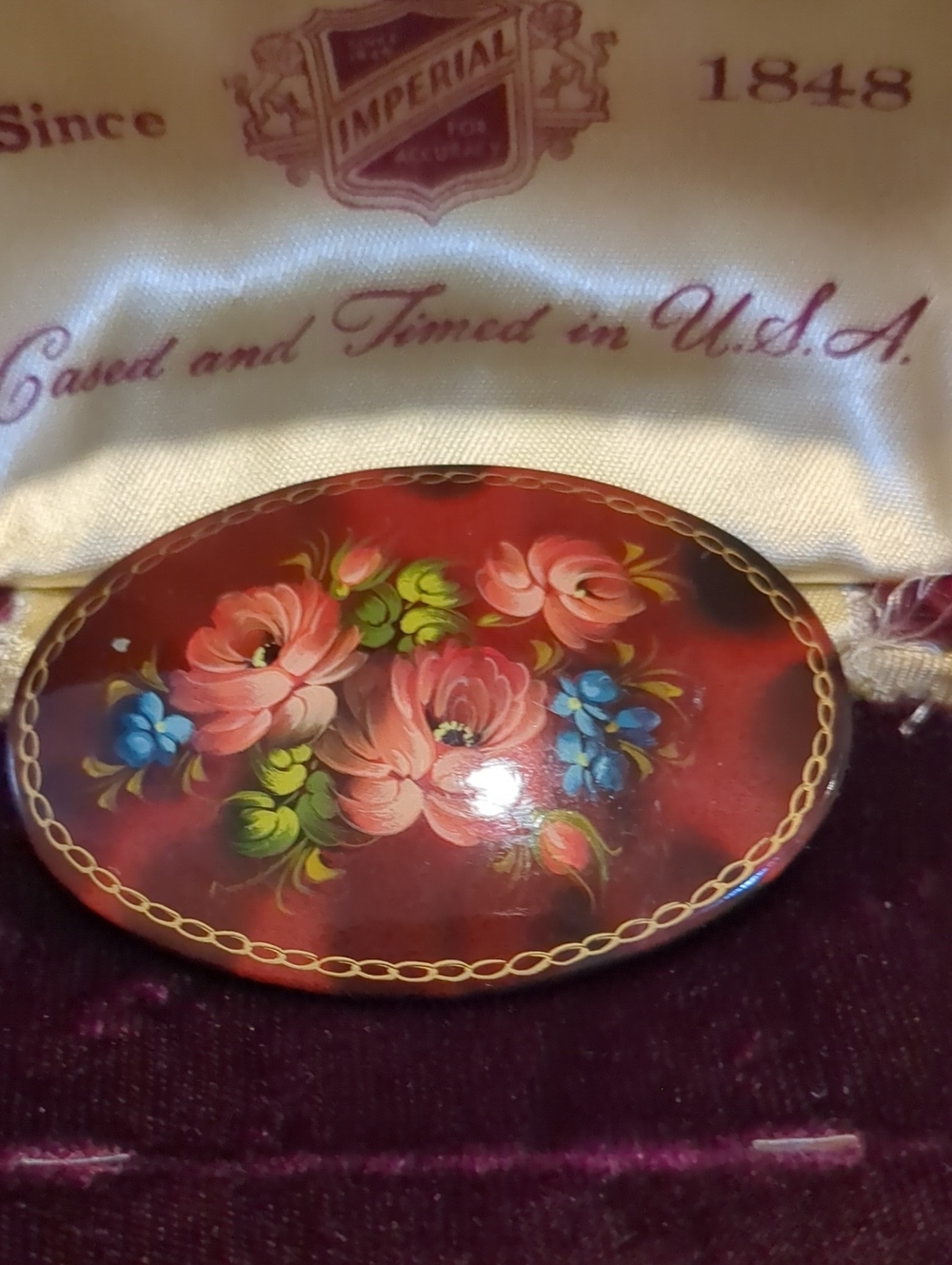Vintage Hand-Painted Floral Oval Brooch in Red with Blue Accents